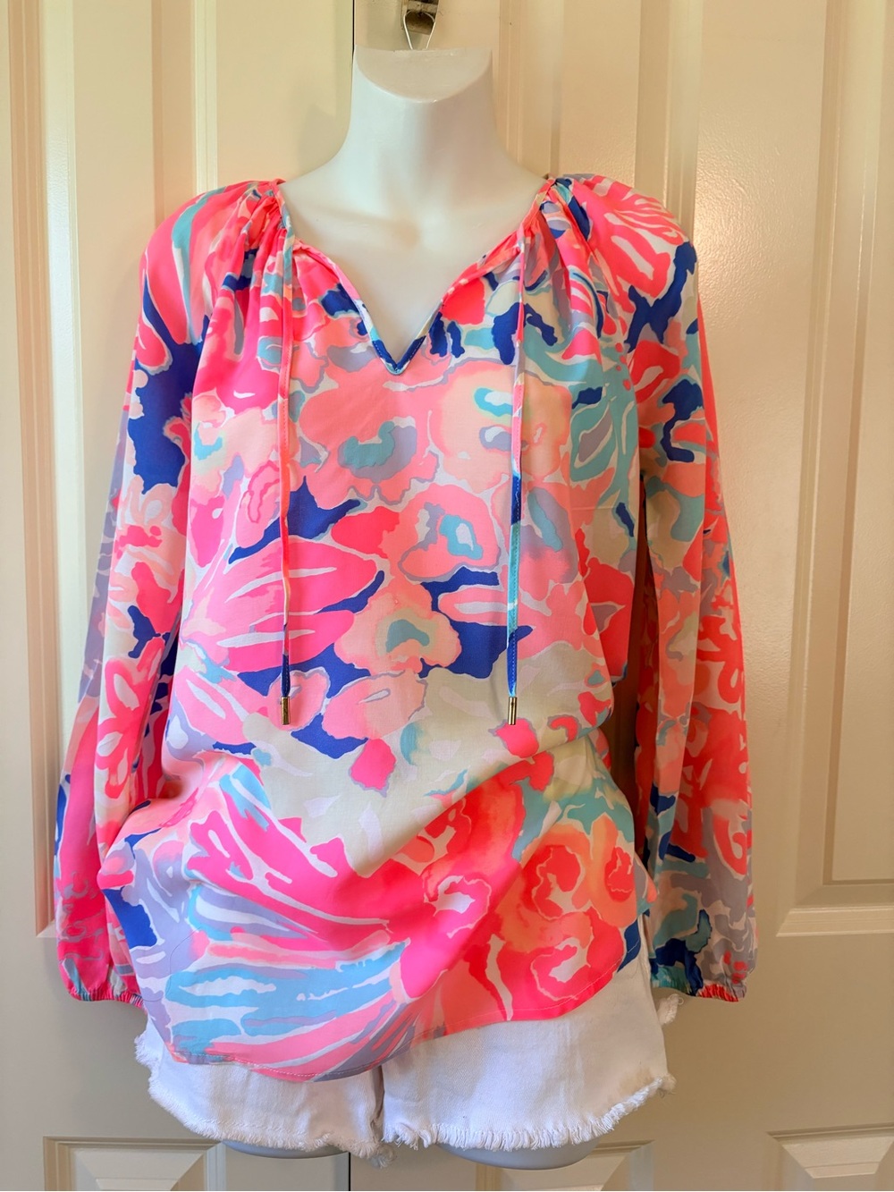 Lilly Pulitzer Neon Pink & Blue Floral Tie-Neck Blouse, size S